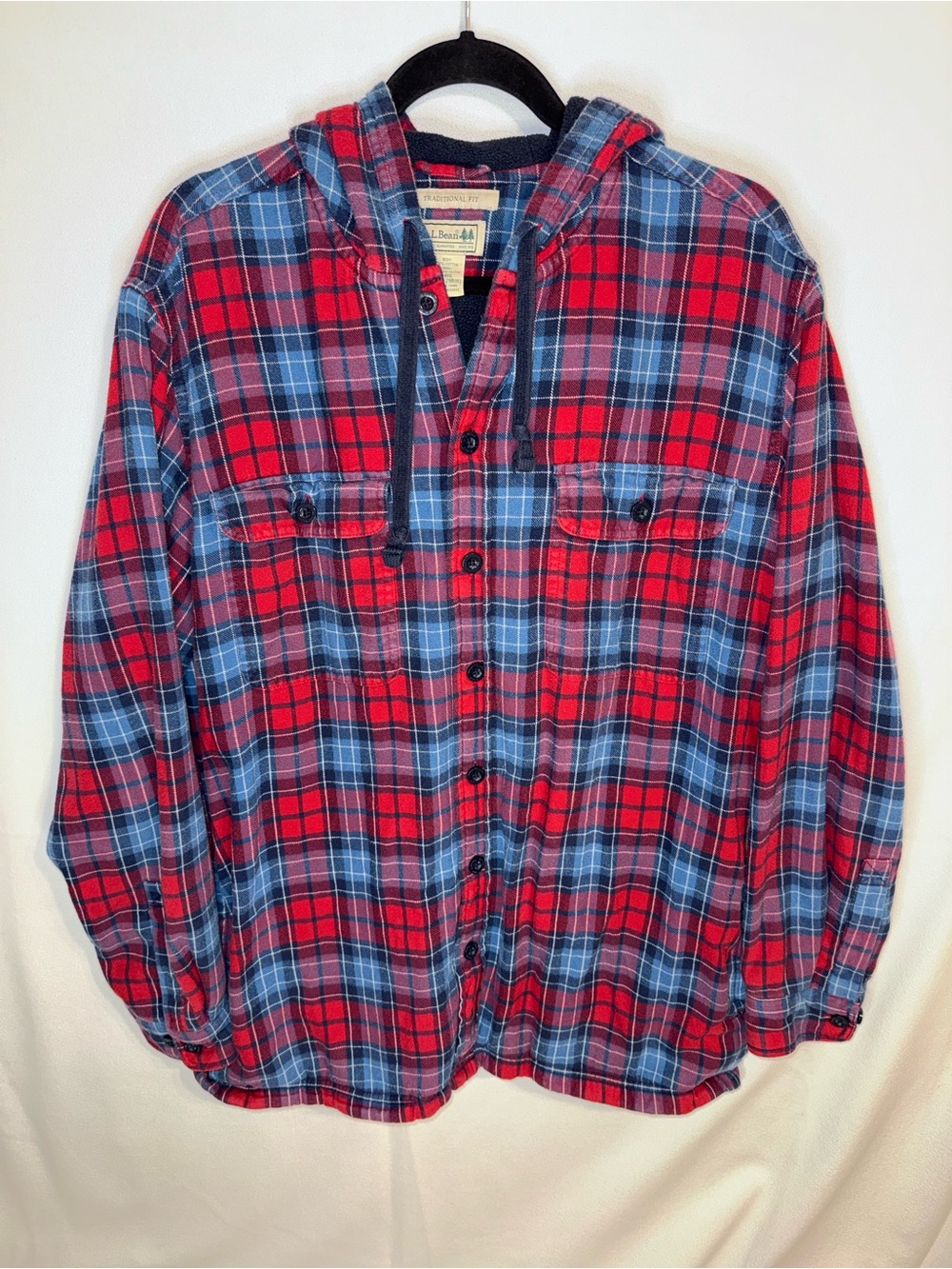 L.L. Bean Men’s Large Traditional Fleece Lined Hooded Flannel Red & Blue Plaid